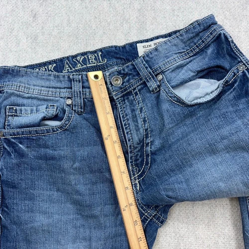 TK Axel Jeans Men 32x32 Slim Boot Cut Medium Wash Denim Pants Flap Pockets Faded